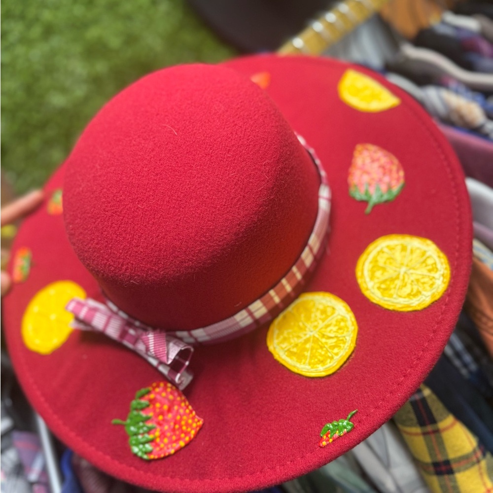 Red Hat with Fruit Embroidery